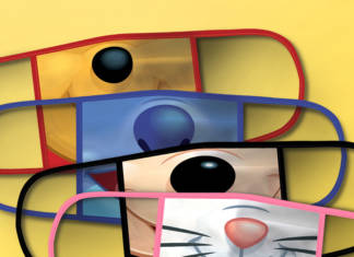 a set of reusable, cloth face masks with Disney character faces on them, sold at shopDIsney