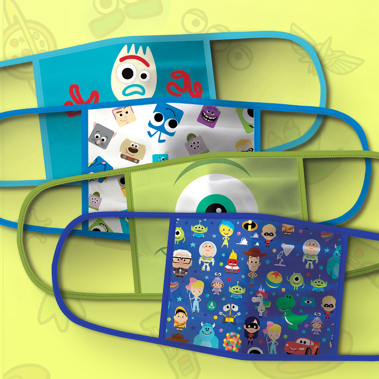 a set of reusable, cloth face masks with Pixar designs on them, sold at shopDisney