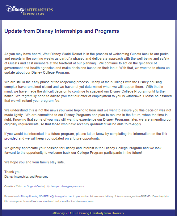 , Disney Confirms Extended Suspension of College Program