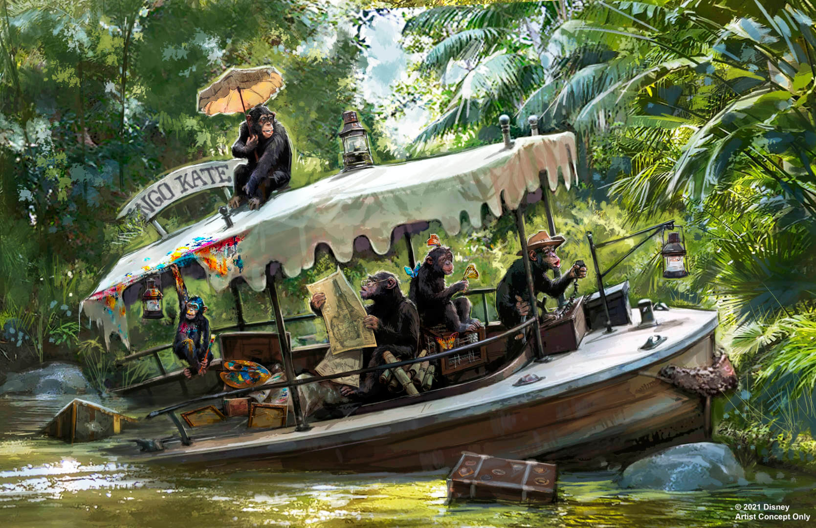 New Jungle Cruise concept art. Chimps take over the boat. 