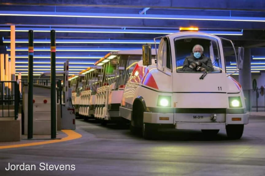 Bernie Sanders driving a Disneyland Resort parking tram.