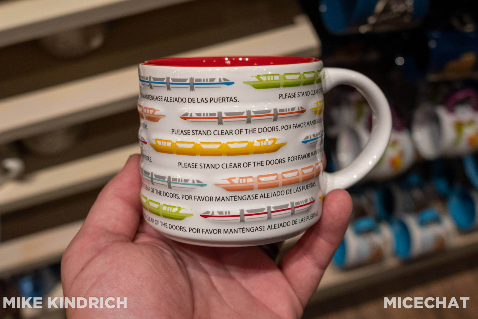 A mug with a wraparound Monorail design, sold at the World of Disney Store at Disneyland's Downtown Disney