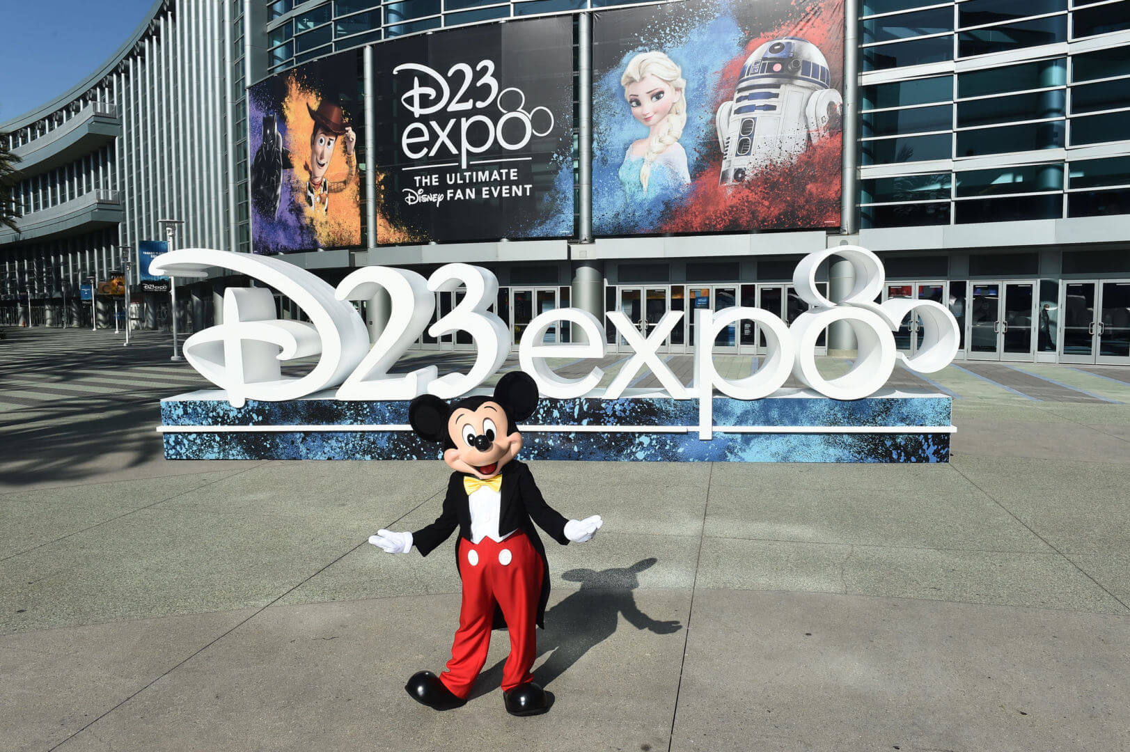 Mickey standing outside the D23 Expo at the Anaheim Convention Center