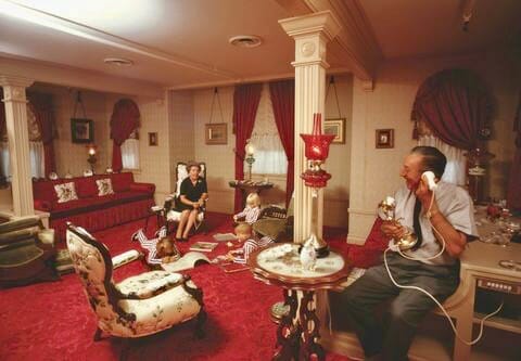 Disneyland 1960's Walt and Lillian Disney with grand daughters inside the apartment over the Disneyland Fire Station