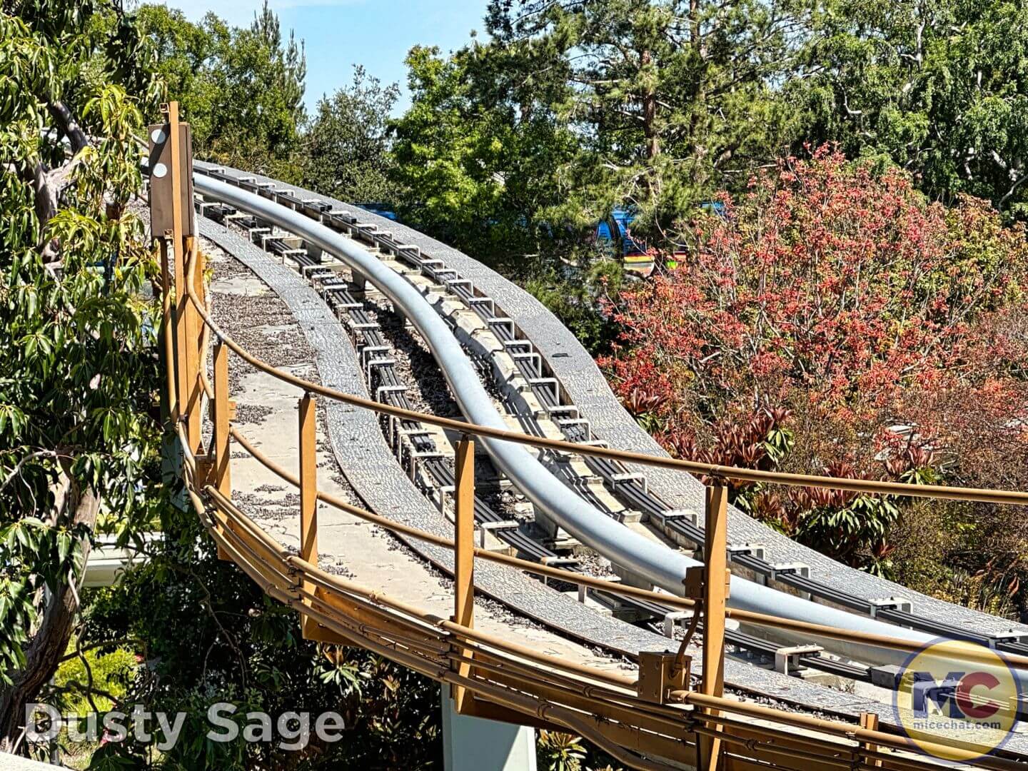 Debris collecting on the abandoned PeopleMover track