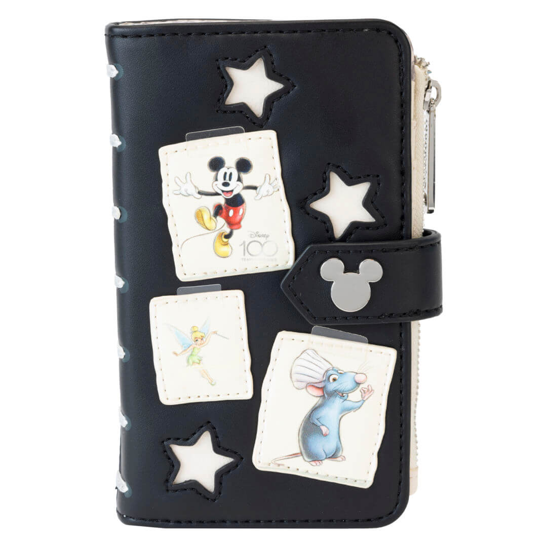 The front of the flap wallet from Loungefly's Disney 100 Sketchbook Collection is similar to the pin trader backpack.