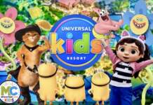 Universal Kids Resort characters including Puss in Boots, Gabby, and Minions over park aerial view