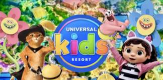 Universal Kids Resort: A Complete Guide to Texas’s Colorful New Park for Kids Universal Kids Resort characters including Puss in Boots, Gabby, and Minions over park aerial view