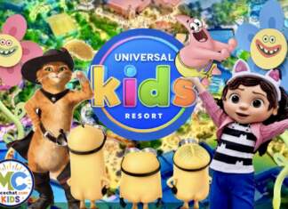 Universal Kids Resort characters including Puss in Boots, Gabby, and Minions over park aerial view
