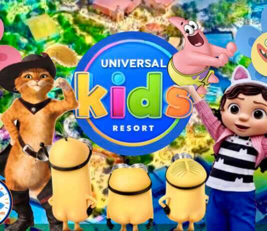 Universal Kids Resort: A Complete Guide to Texas’s Colorful New Park for Kids Universal Kids Resort characters including Puss in Boots, Gabby, and Minions over park aerial view