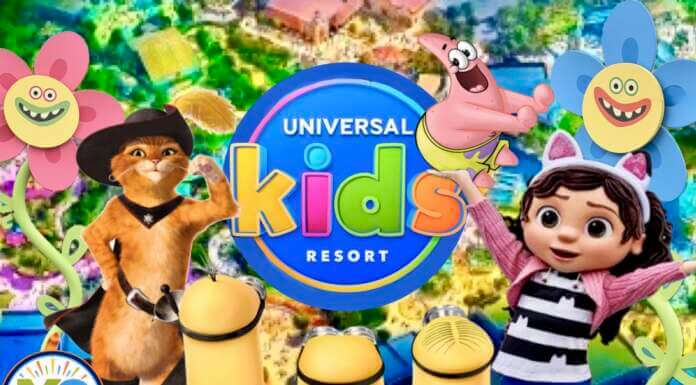 Universal Kids Resort characters including Puss in Boots, Gabby, and Minions over park aerial view
