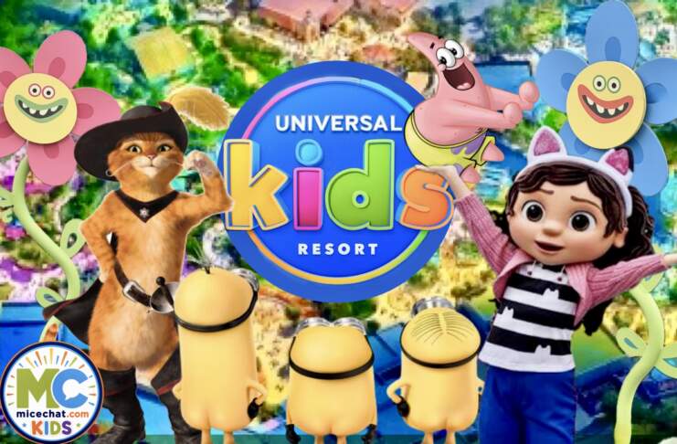 Universal Kids Resort characters including Puss in Boots, Gabby, and Minions over park aerial view