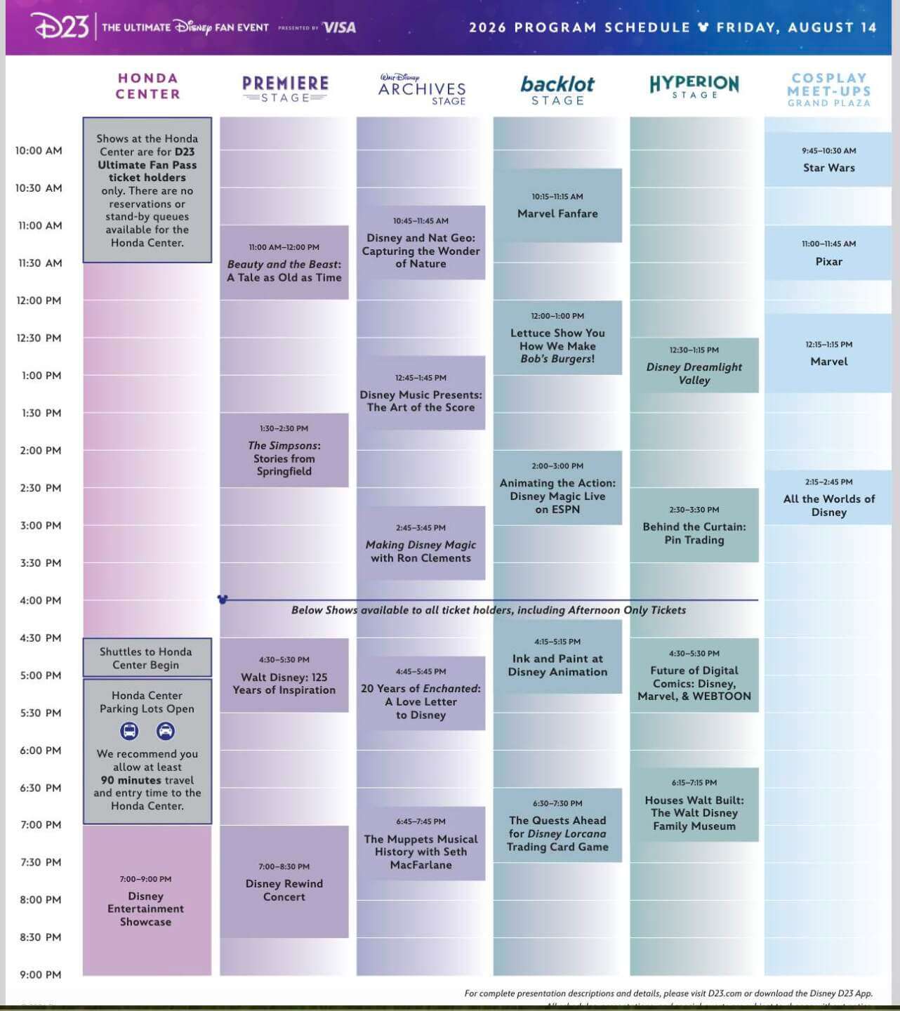 D23 2026 Friday program schedule grid for the Premiere, Backlot, and Walt Disney Archives Stages
