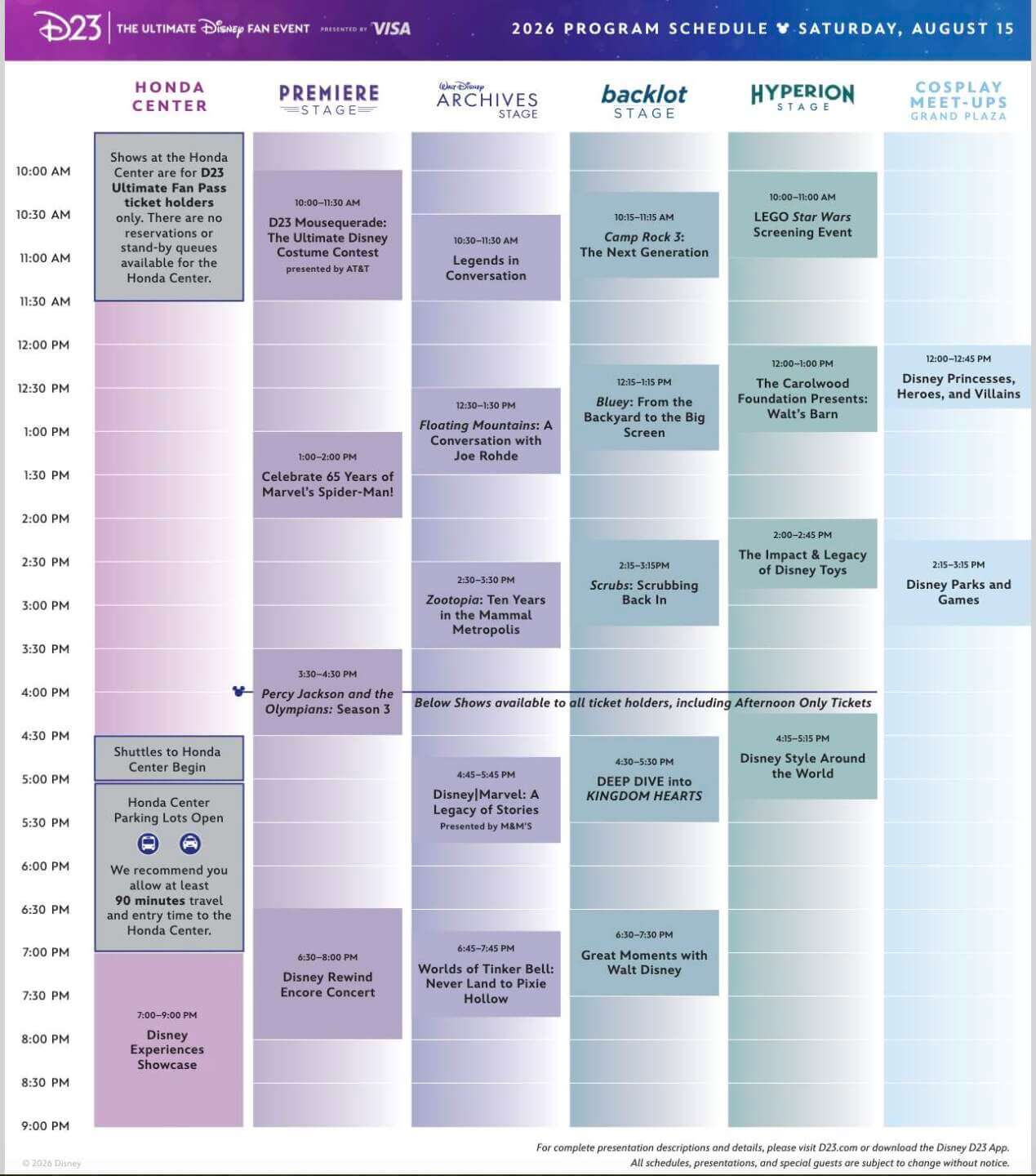 D23 2026 Saturday program schedule grid including the D23 Mousquerade costume contest