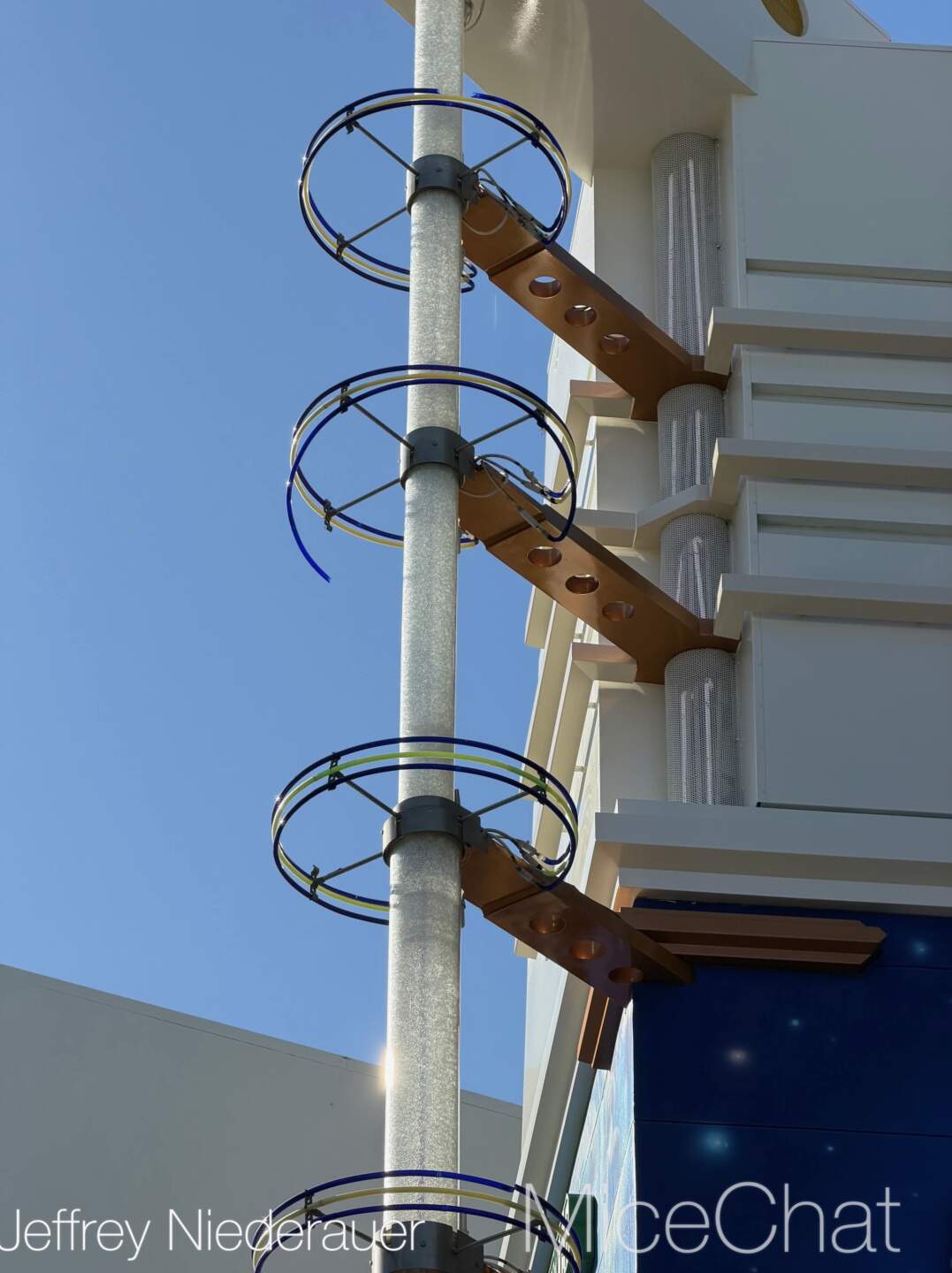 Askew neon tubing on the Buzz Lightyear building in Tomorrowland