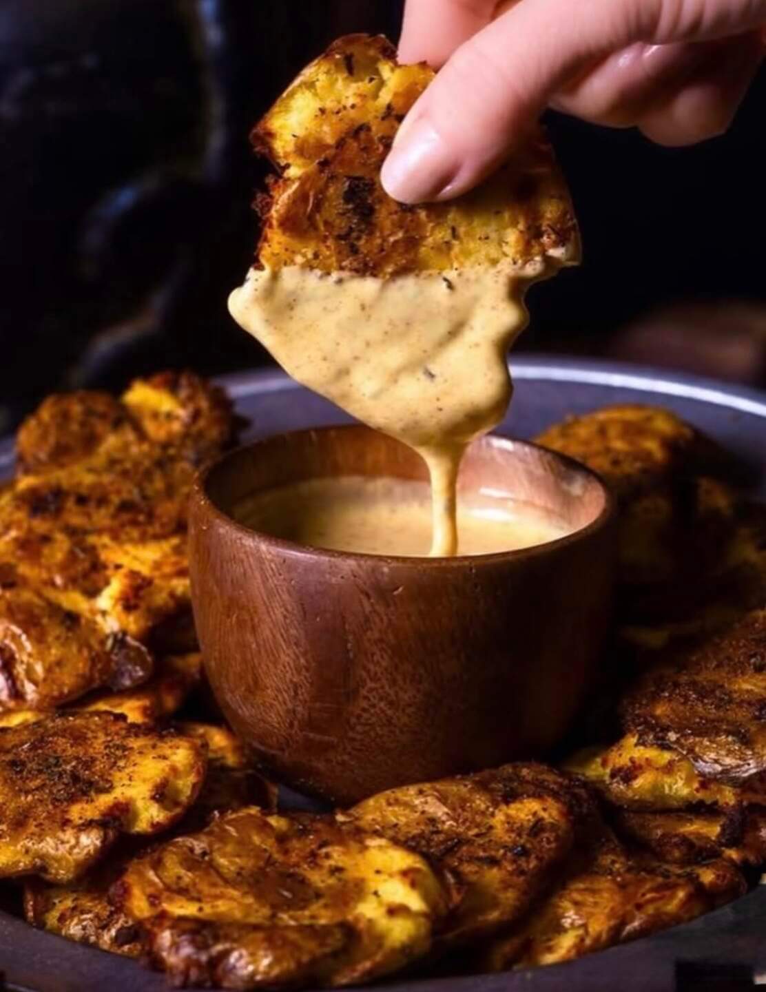 Tell Tale Tatties smashed potatoes with Realm Famous Honey Mustard at Six Ravens