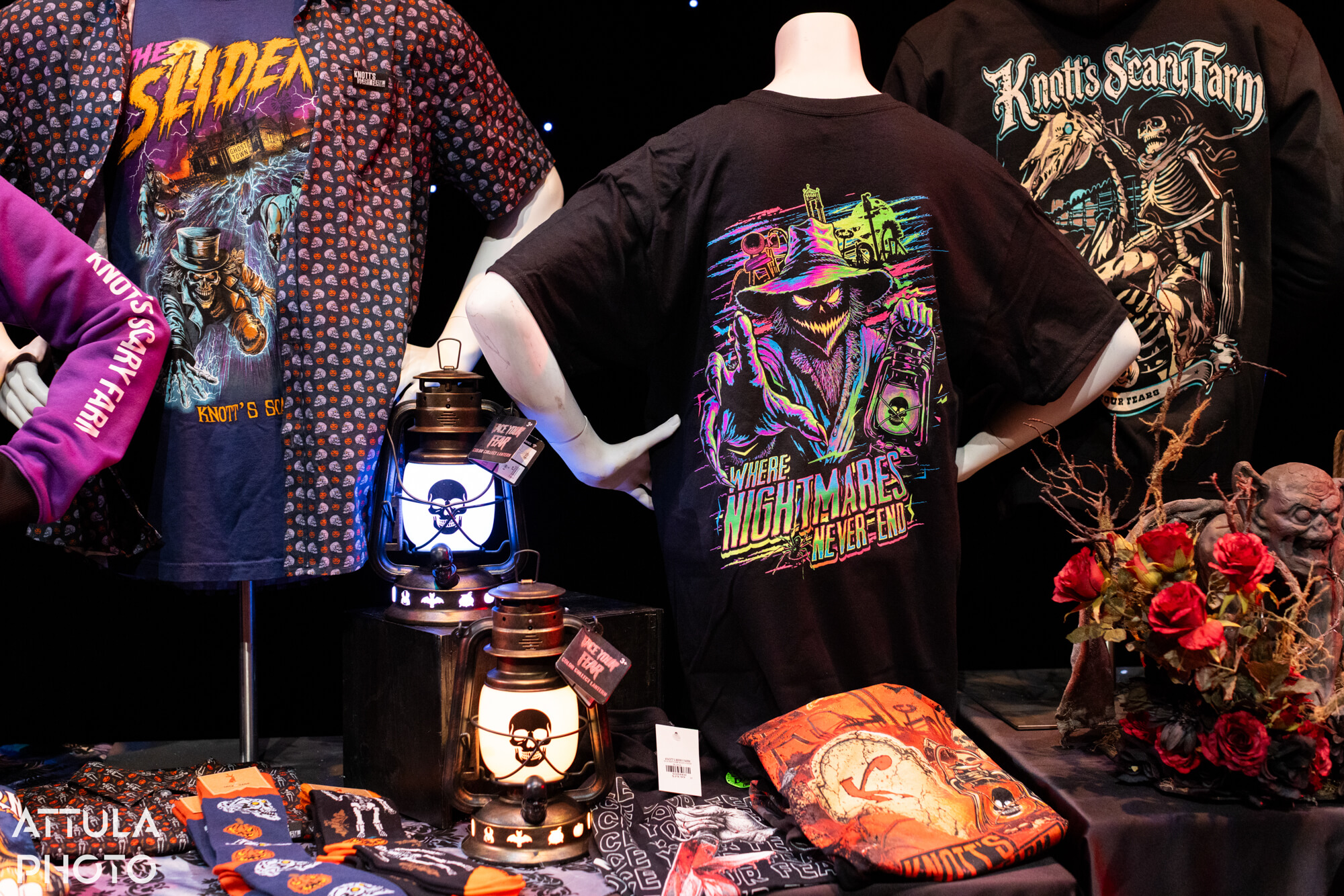 Merchandise: shirts lantern socks at Knott's Scary Farm 2026