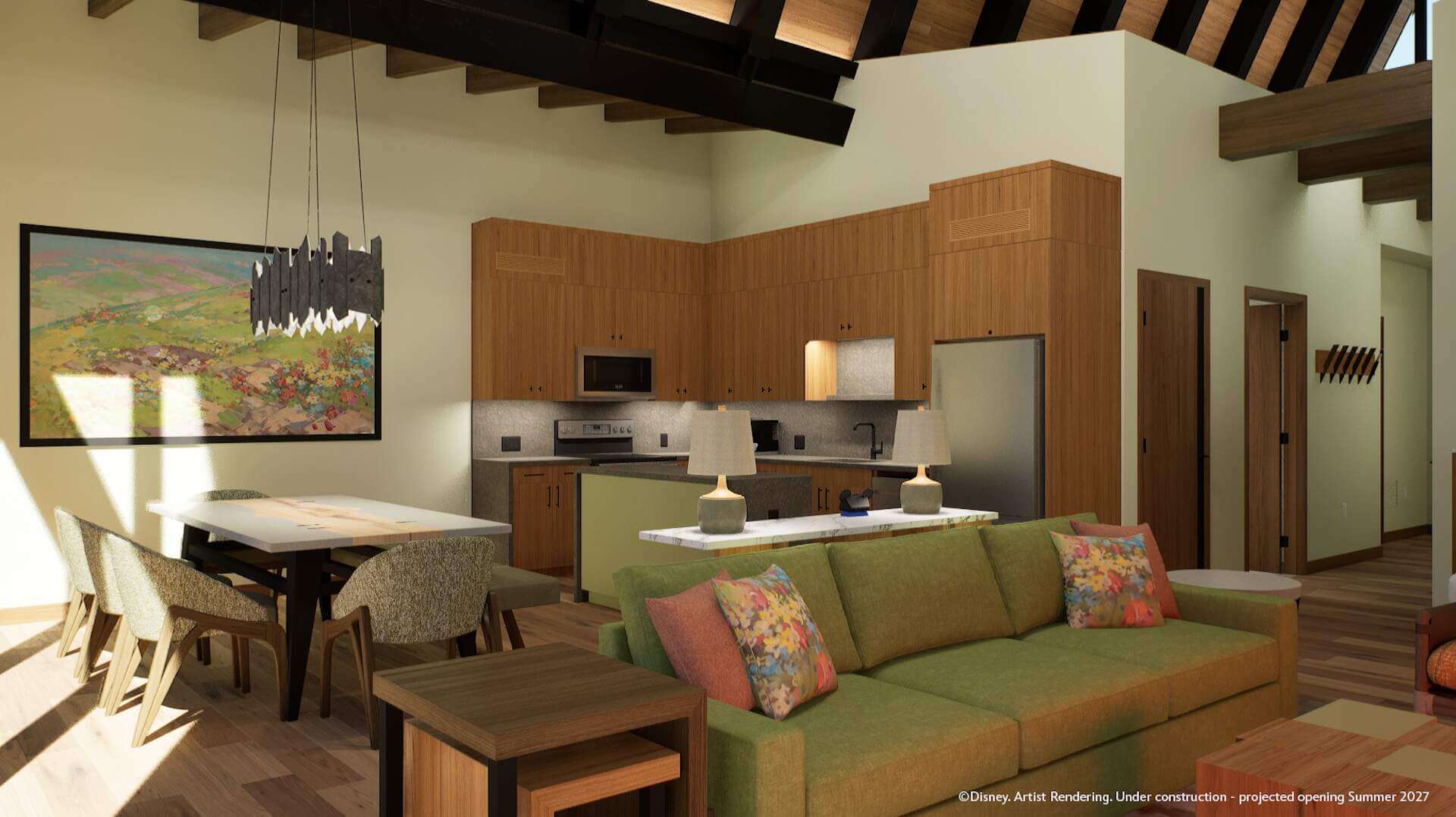 Concept art of a Lake House kitchen and dining area at Disney Lakeshore Lodge