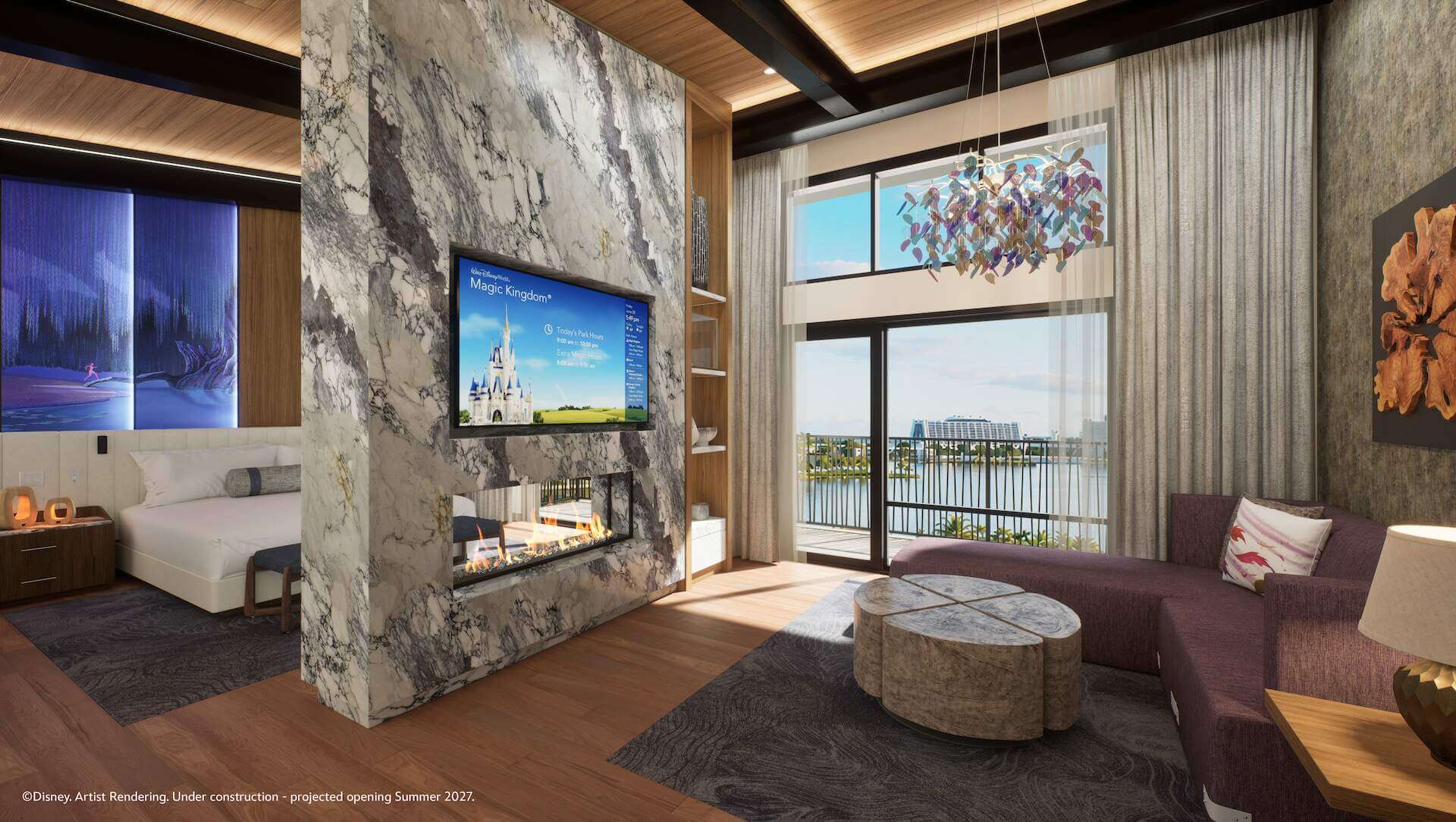 Concept art of the Hidden Willow Presidential Suite with Bay Lake and fireworks views at Disney Lakeshore Lodge