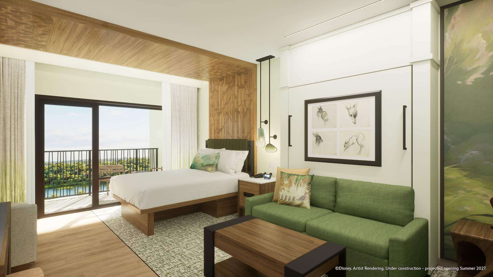 Concept art of a Bambi-inspired studio with archival Disney artwork at Disney Lakeshore Lodge