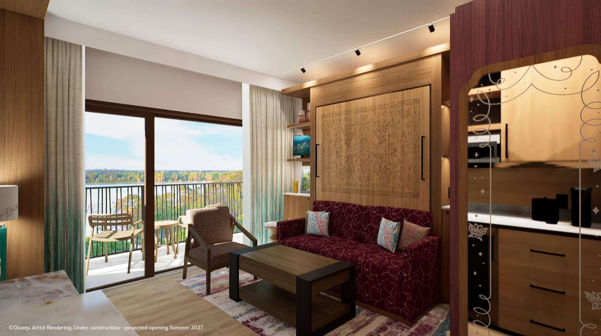 Concept art of a guest room bedroom at Disney Lakeshore Lodge on Bay Lake
