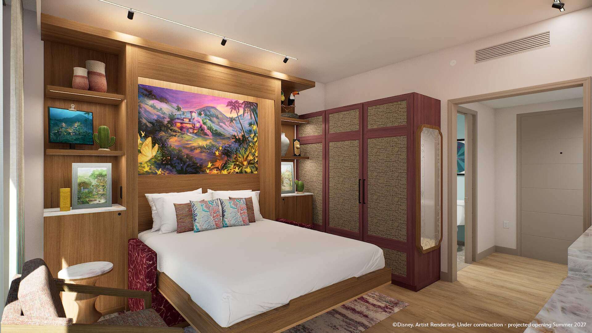 Concept art of guest room accommodations at Disney Lakeshore Lodge on Bay Lake