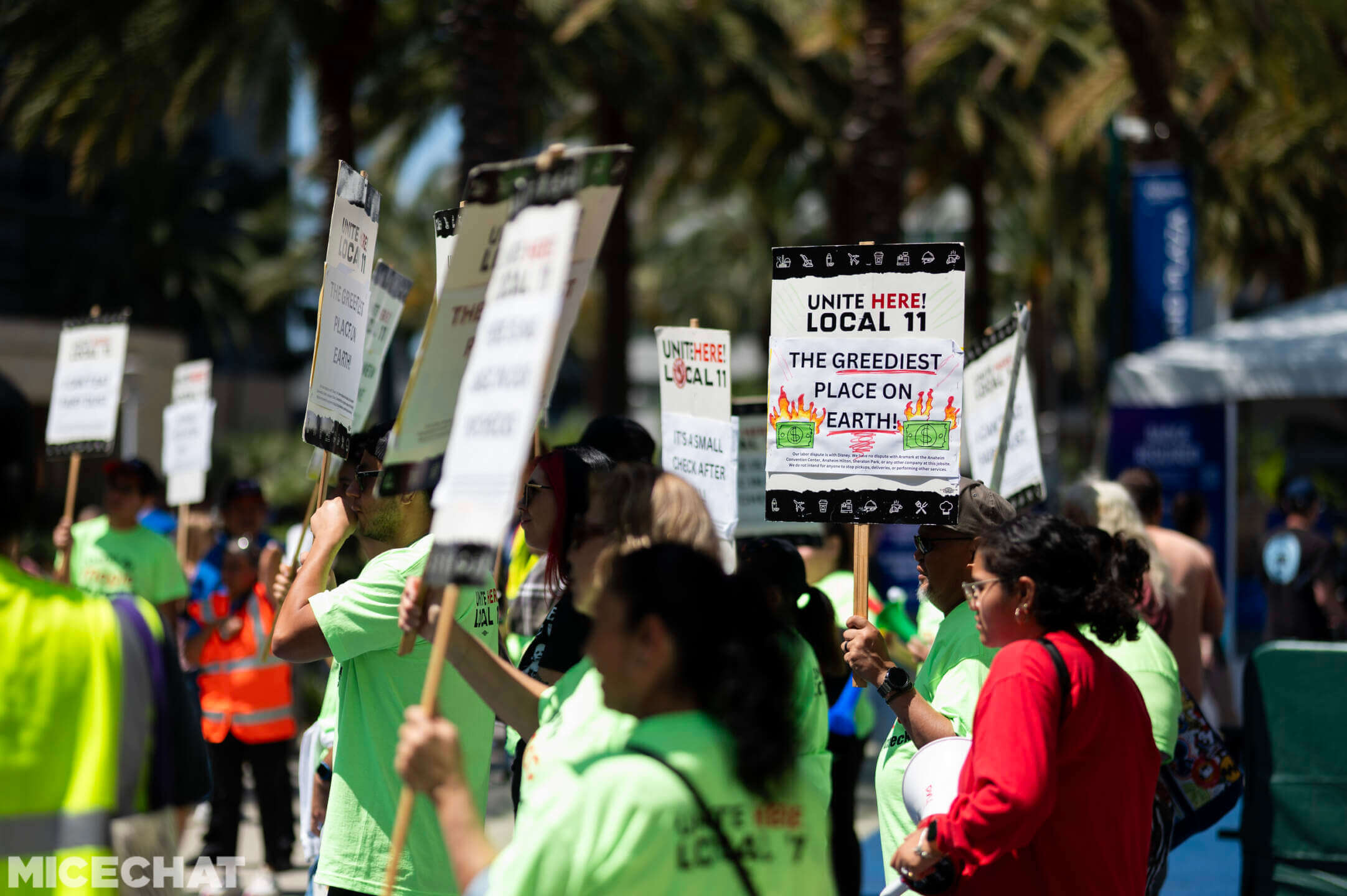 Unite Here Local 11 members protest outside the Anaheim Convention Center during D23