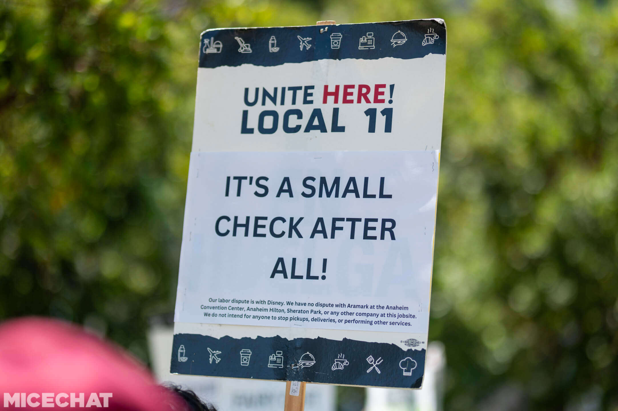 Disneyland hotel workers picket outside D23 at the Anaheim Convention Center