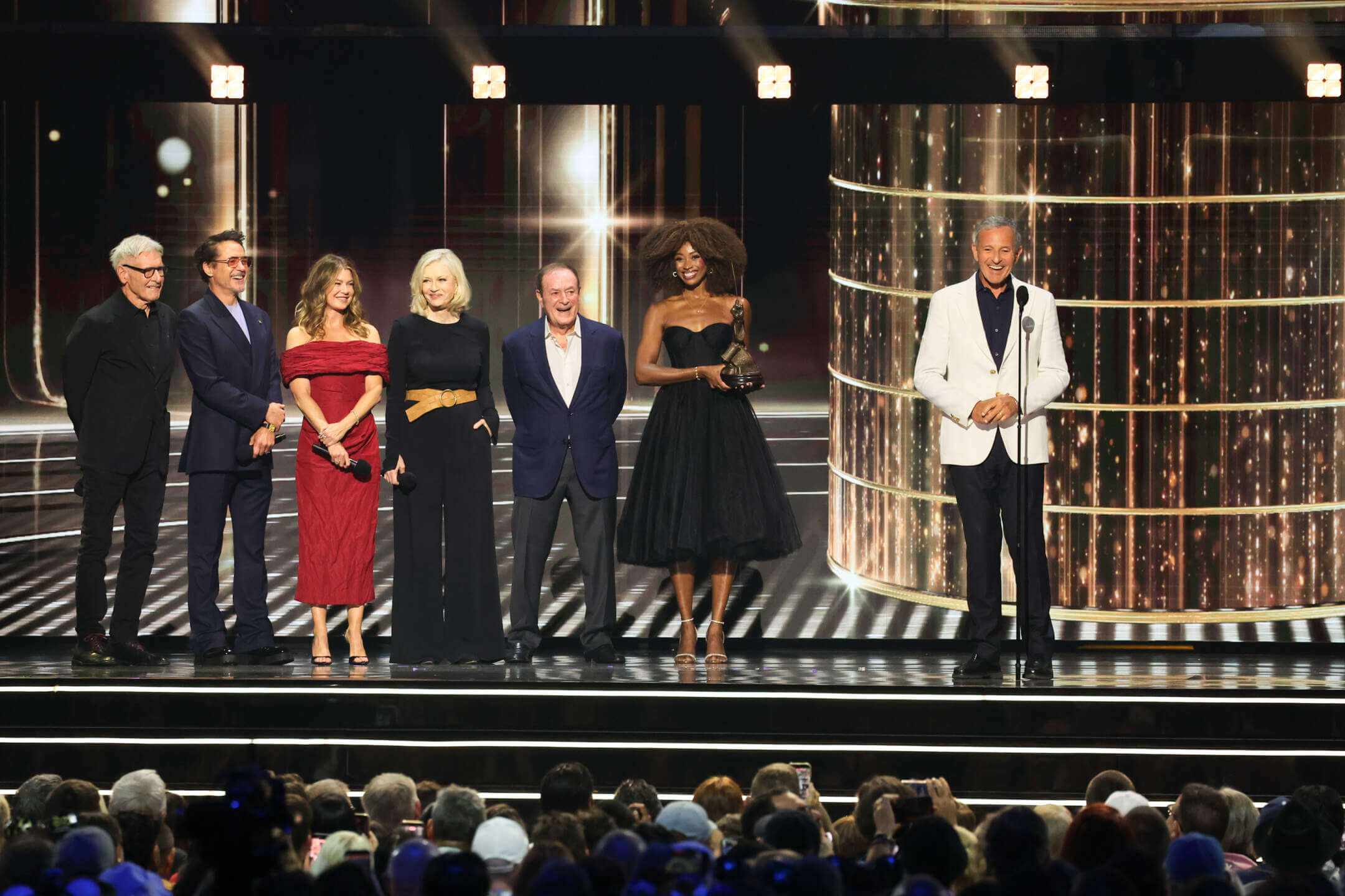 Bob Iger with Robert Downey Jr., Diane Sawyer, Harrison Ford, Ellen Pompeo, and Al Michaels at the 2026 Disney Legends Awards