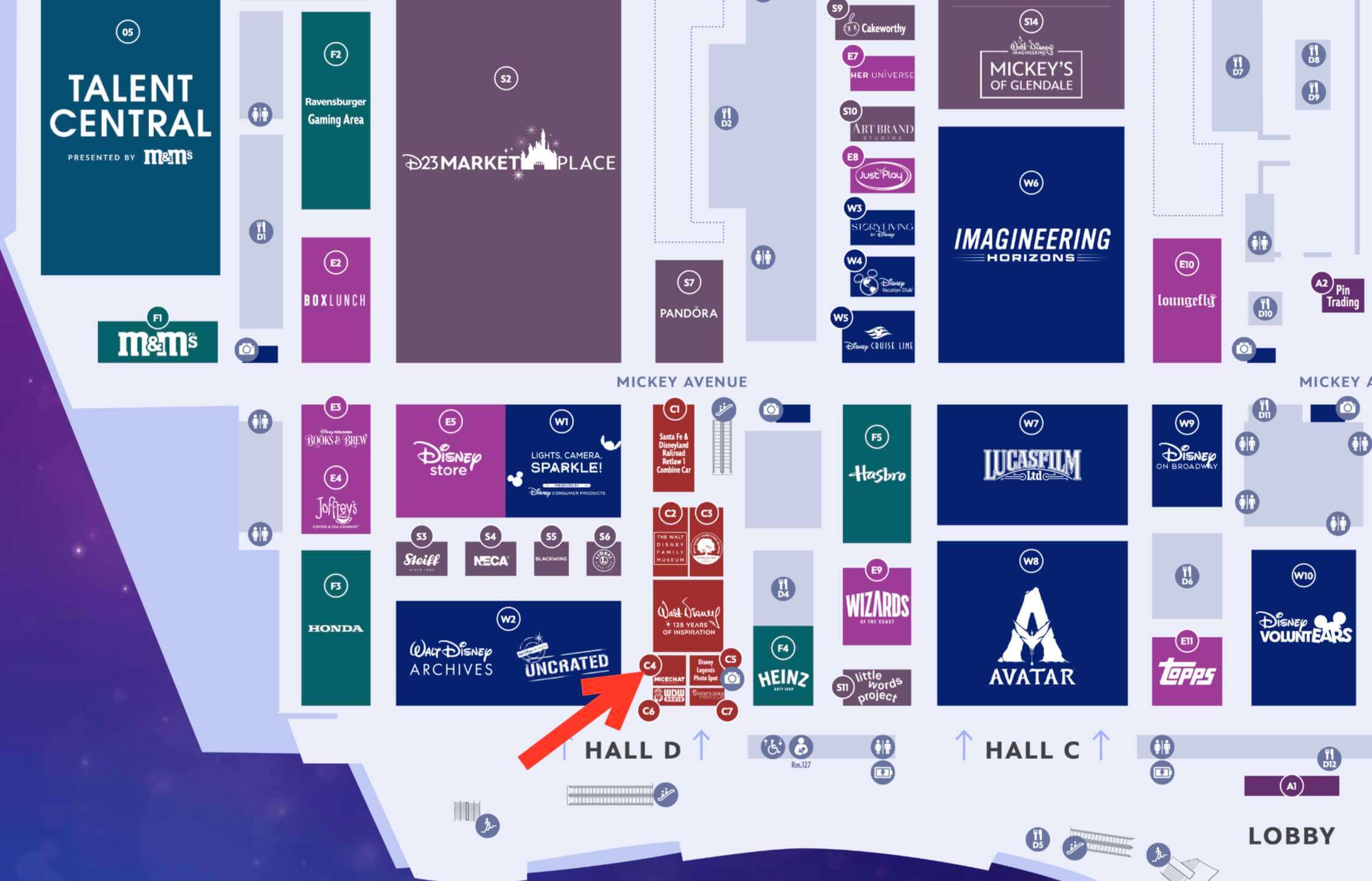 D23 floorplan with an arrow marking the MiceChat booth