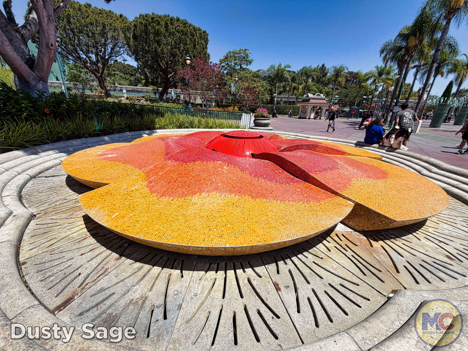 Mosaic flower fountain at the entry to Downtown Disney