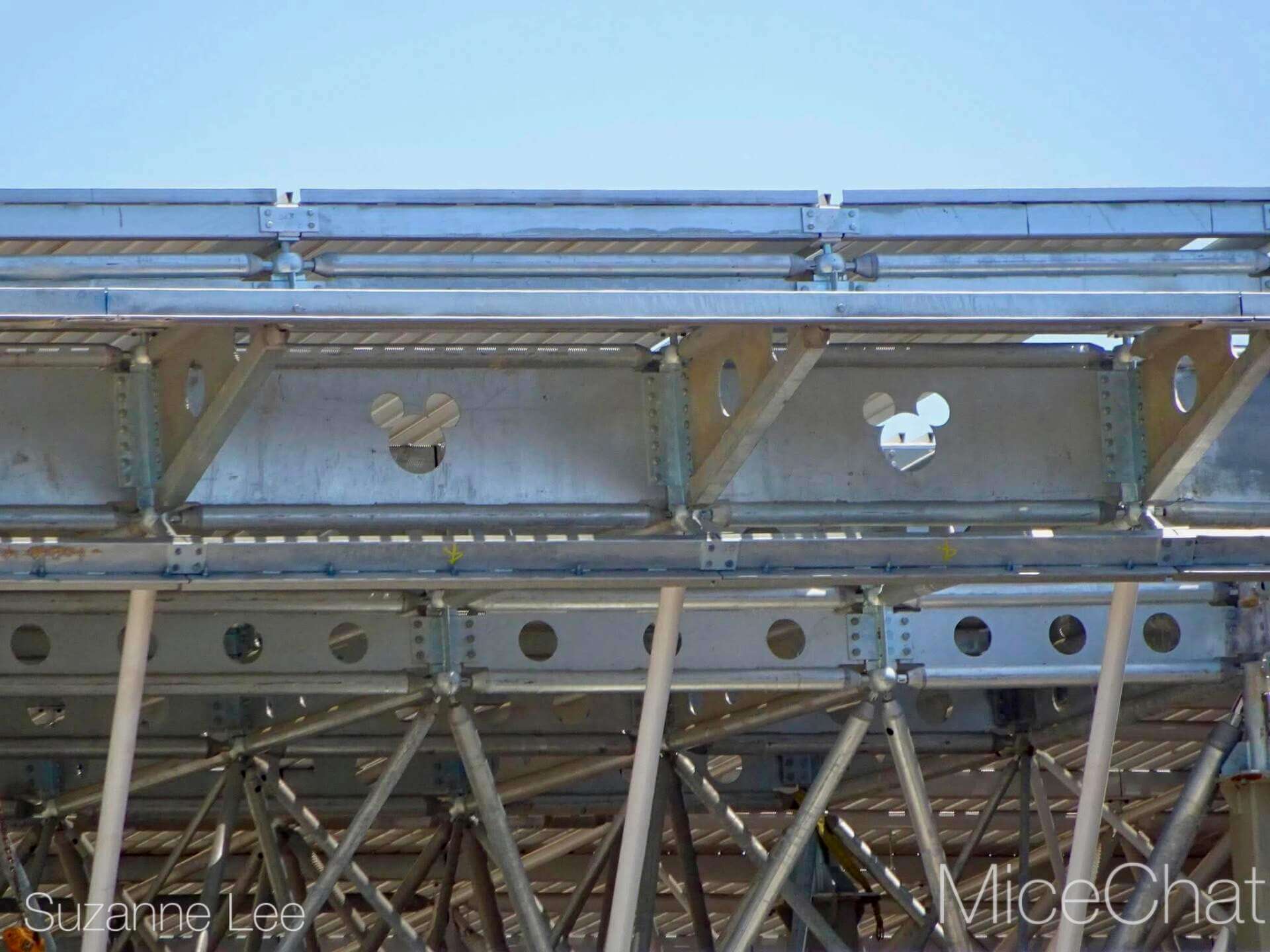 Hidden Mickey shapes cut into steel beams at the Avengers Campus expansion construction site