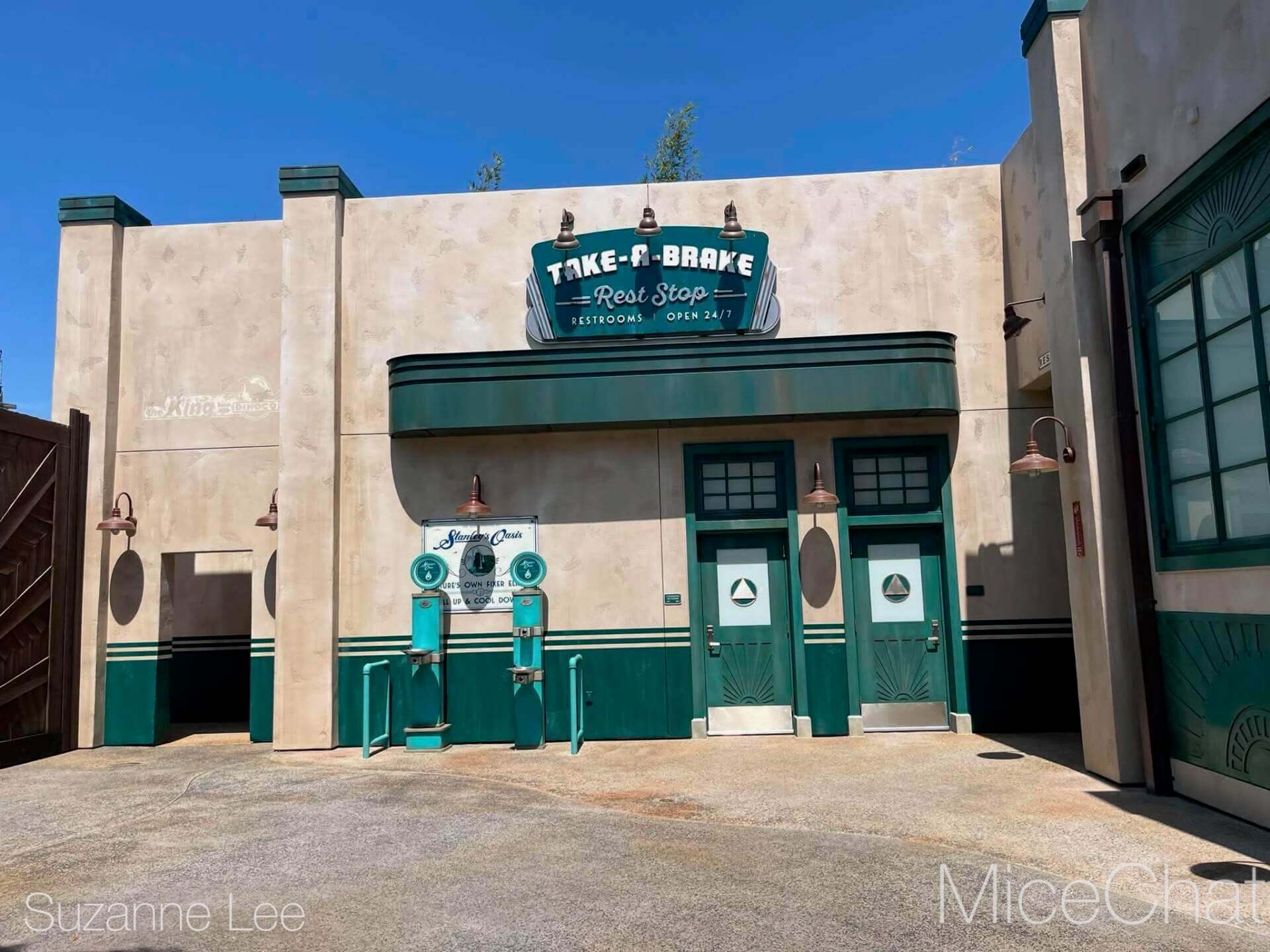 The new TAKE-A-BRAKE Rest Stop restroom between Cars Land and Avengers Campus