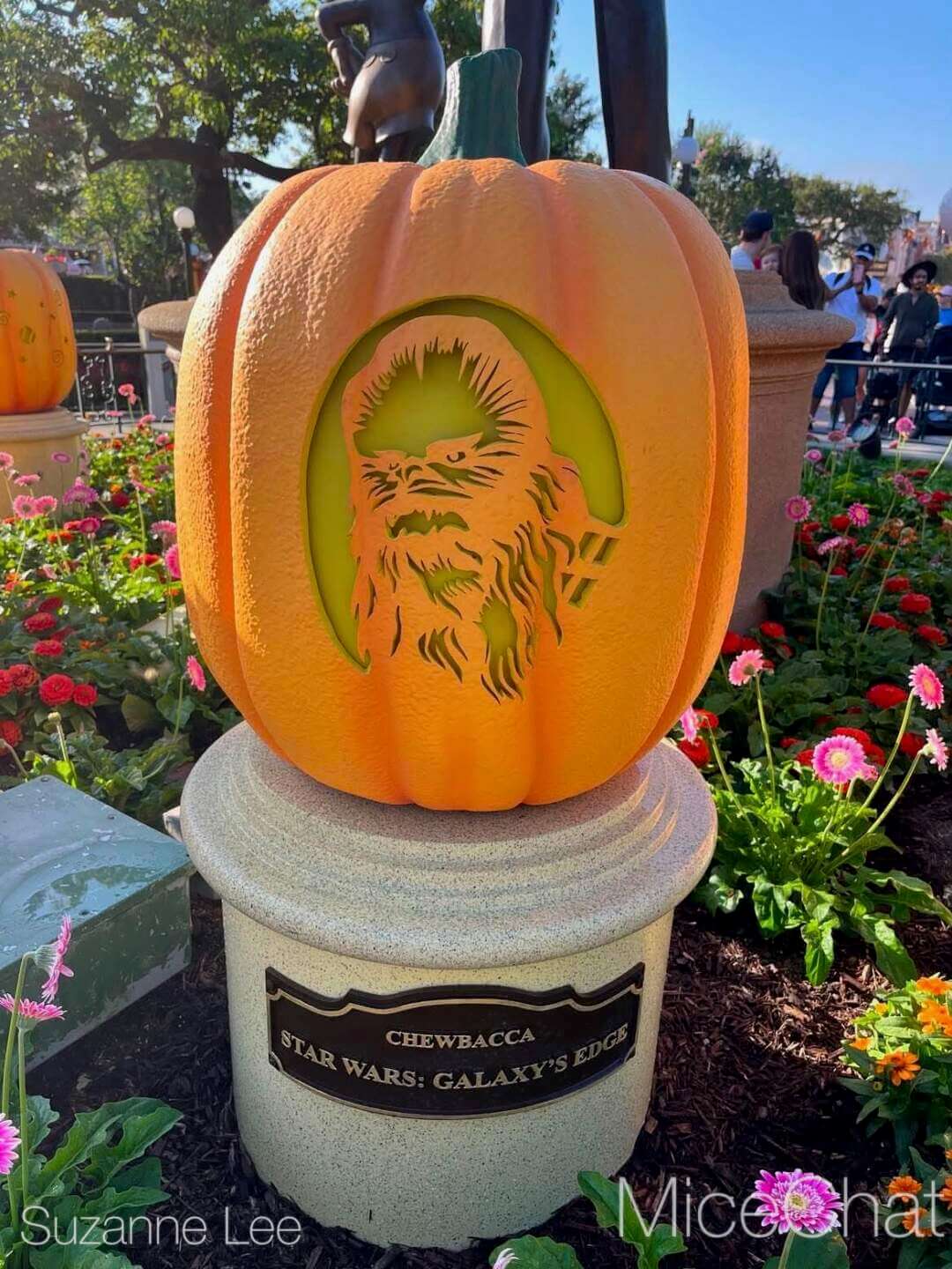 Chewbacca character jack-o'-lantern in the Partners statue pumpkin display at Disneyland