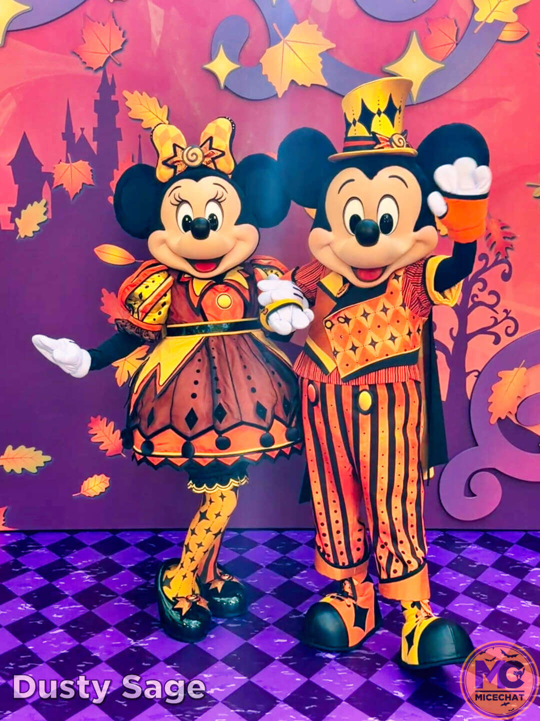 Mickey and Minnie Mouse posing together in Halloween costumes at Disneyland
