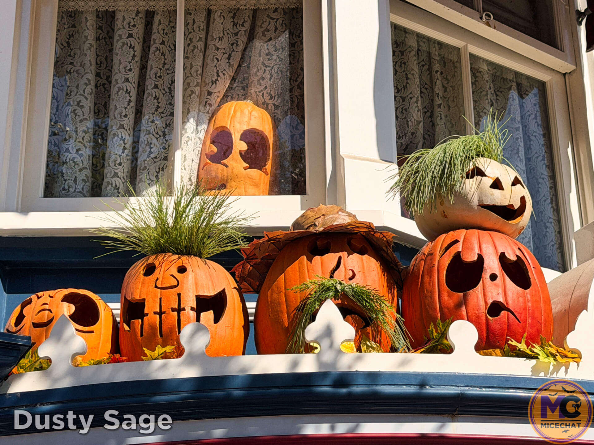 Grinning Disneyland Halloween pumpkin with curly hair on Main Street USA