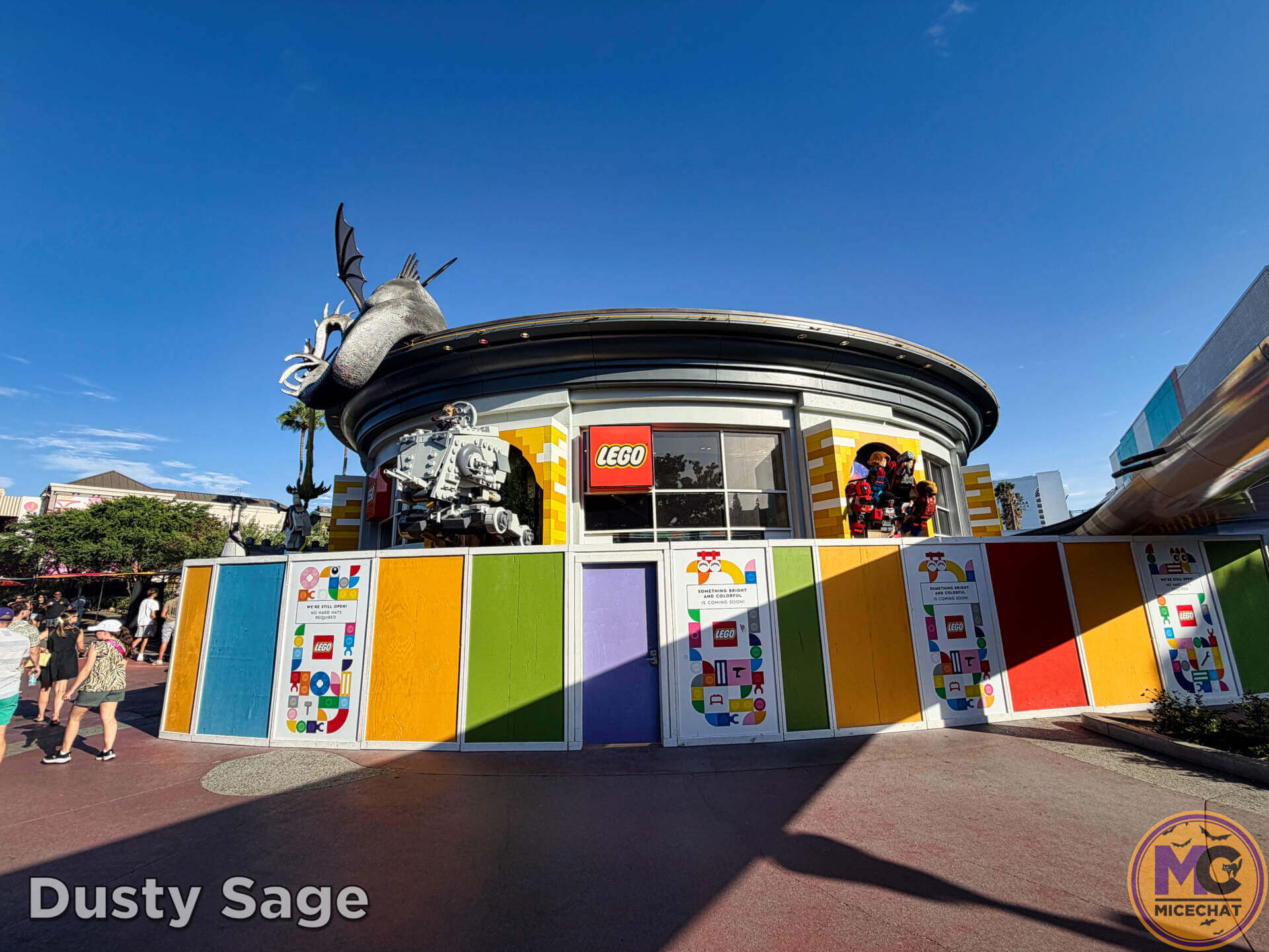 Construction walls surrounding the LEGO Store exterior project at Downtown Disney
