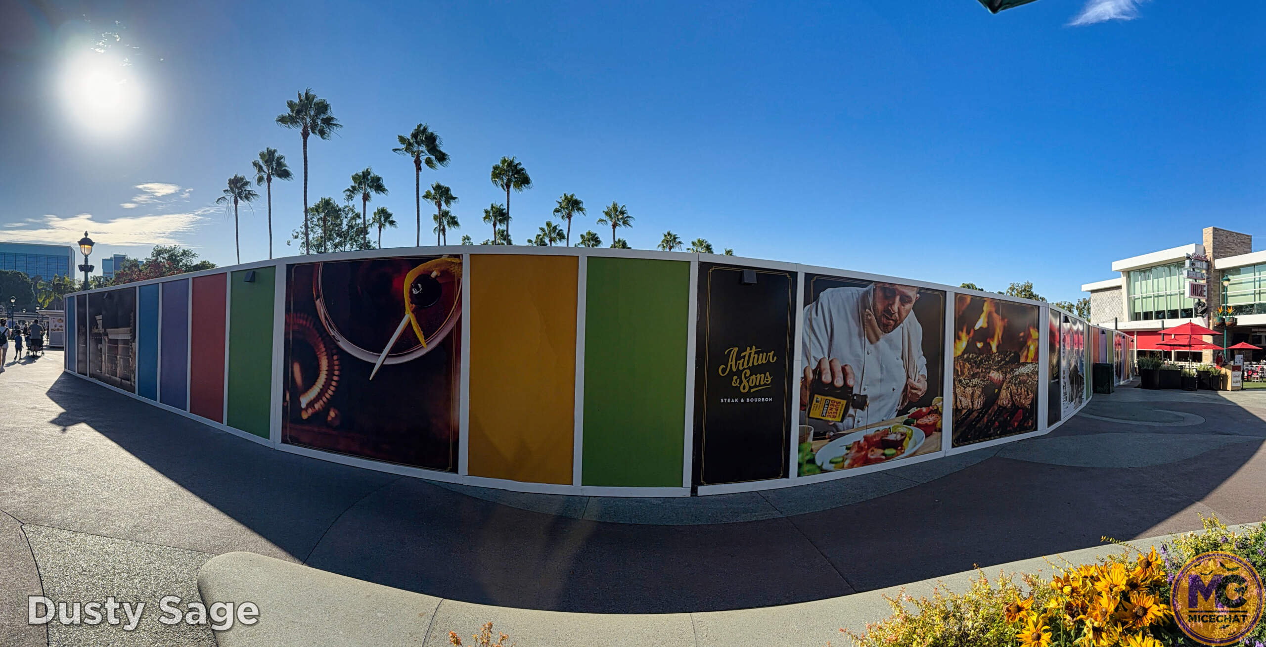 Construction walls at the future Arthur and Sons Steak and Bourbon and Pearl's Roadside BBQ in Downtown Disney