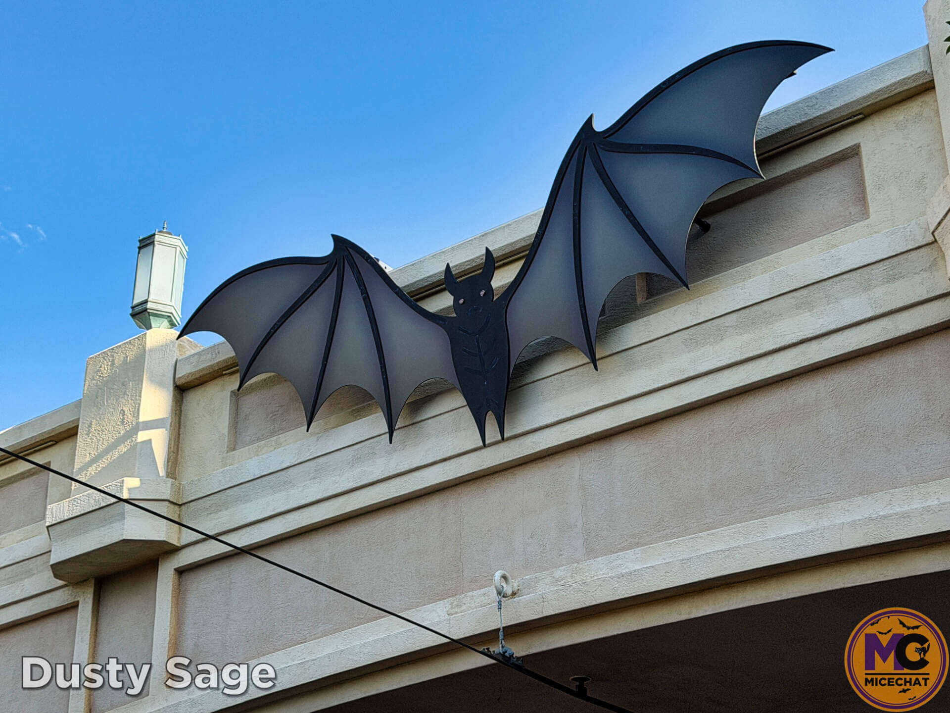 Close-up of a bat decoration on Buena Vista Street during Halloween Time