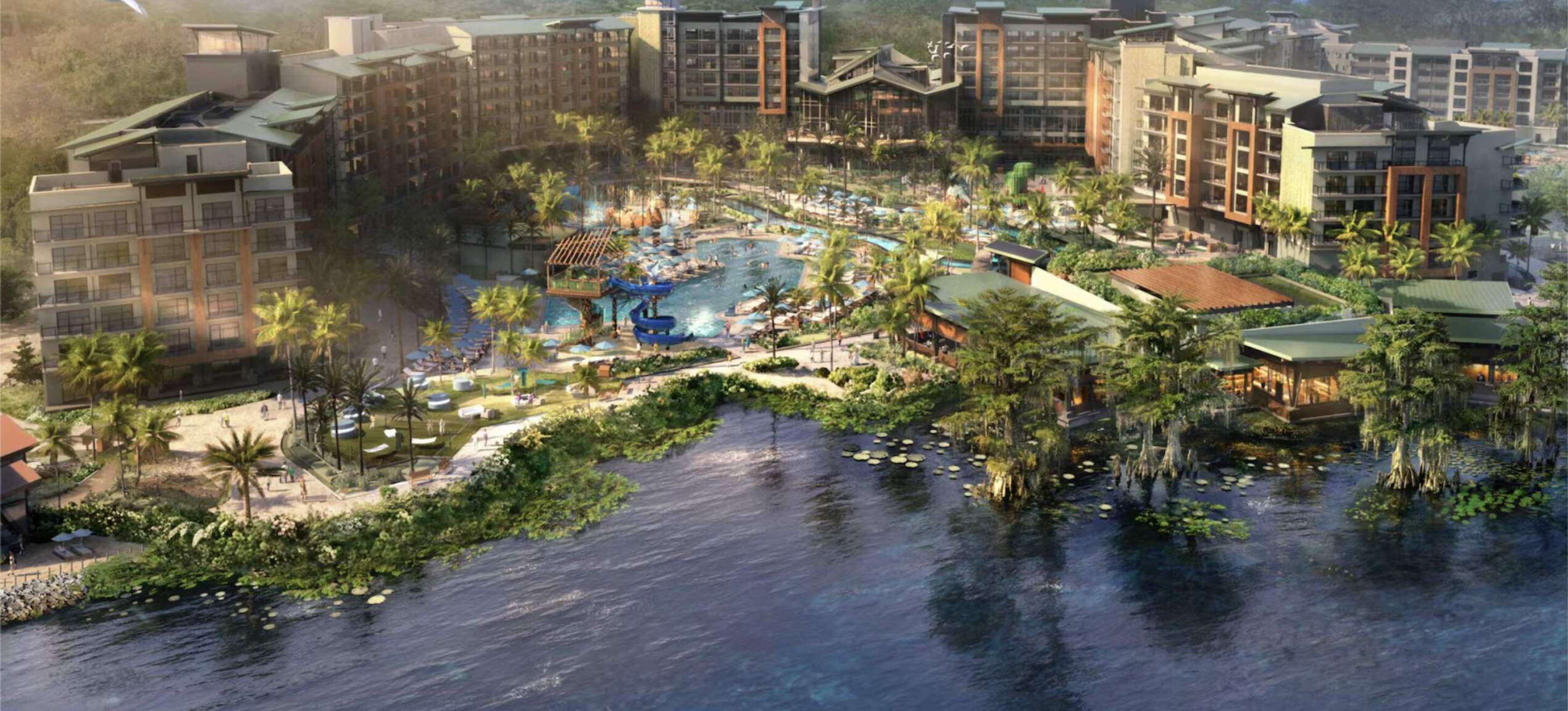 Concept art of Disney Lakeshore Lodge along the shoreline of Bay Lake at Walt Disney World