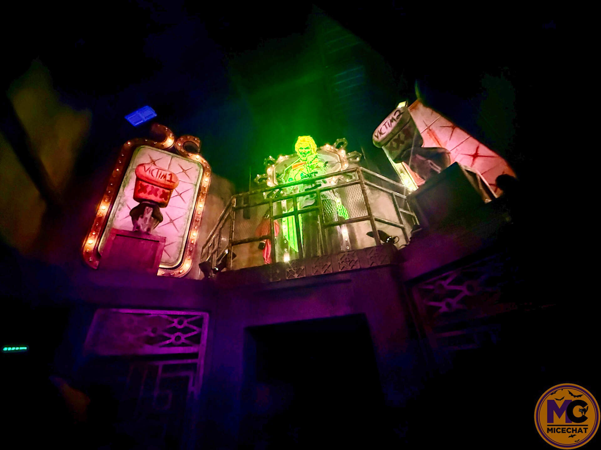 Dr. Oddfellow on the catwalk inside Jack and Oddfellow Chaos and Control at HHN 2026