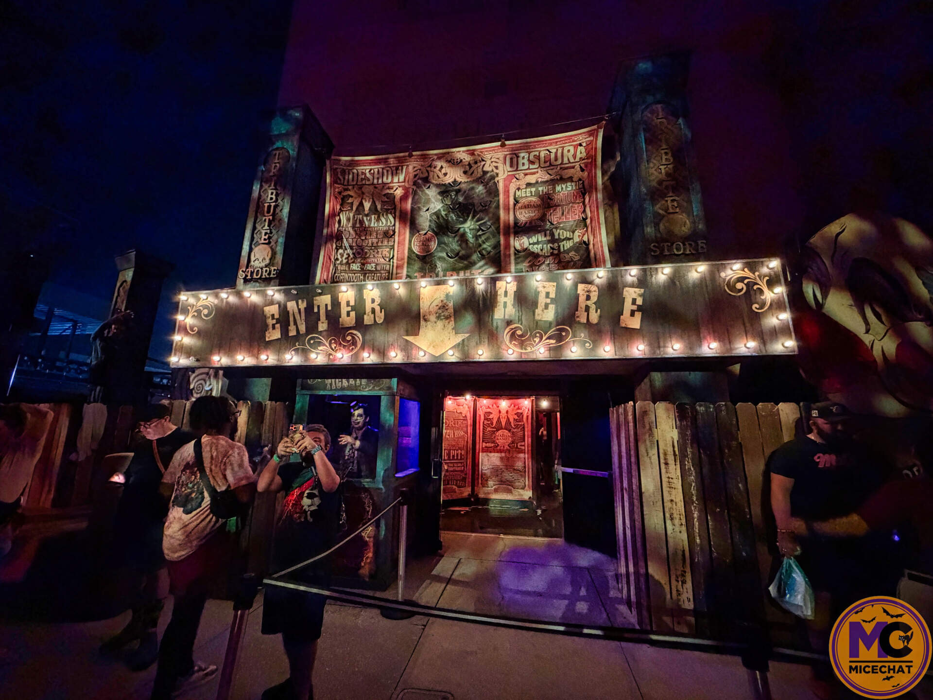 The Sideshow Obscura Tribute Store entrance at Halloween Horror Nights 2026