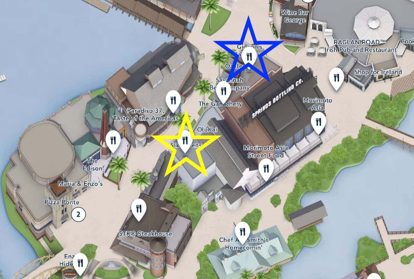Map showing Six Ravens and Gideon's Bakehouse locations at The Landing in Disney Springs