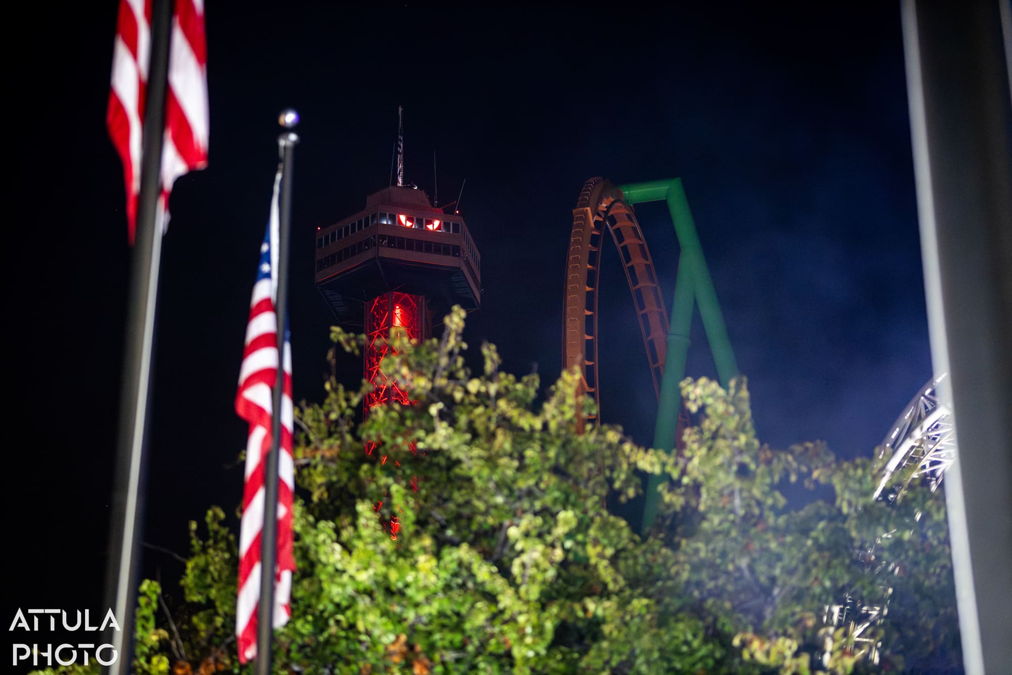 Sky Tower lit up at night during Fright Fest 2026 at Six Flags Magic Mountain