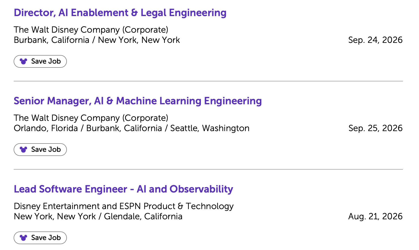 Disney job listings for AI roles