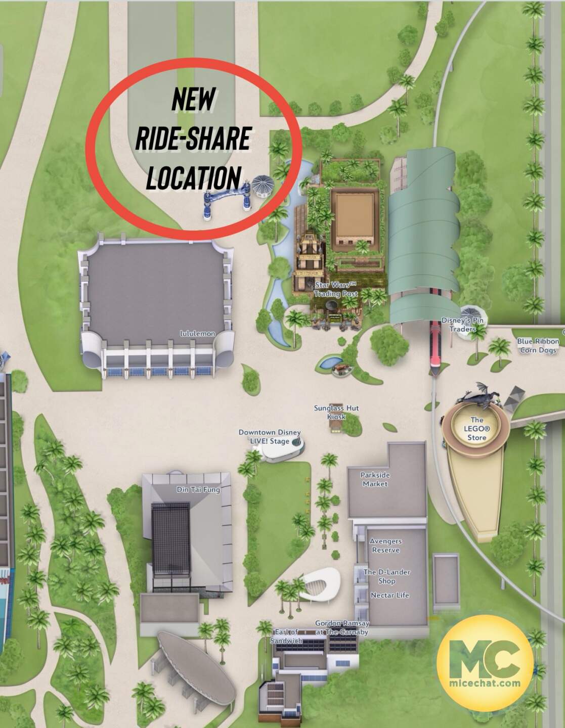 The new west side rideshare drop-off in the Stitch lot at the Disneyland Resort