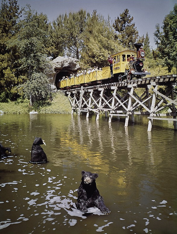 Animatronic bears fishing in the Bear Country scene of Mine Train Through Nature's Wonderland at Disneyland