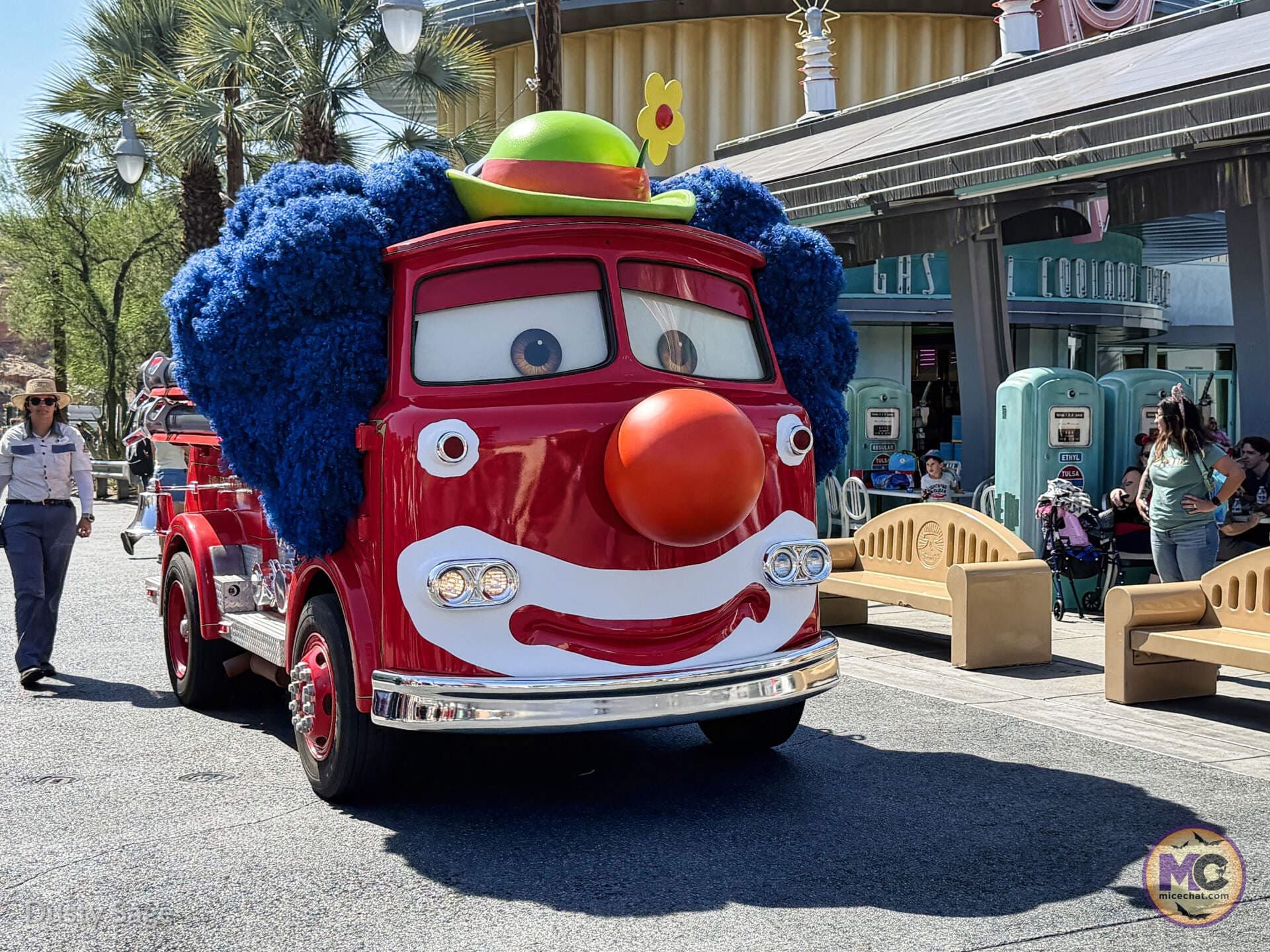 Red dressed as a clown for Haul-O-Ween in Cars Land