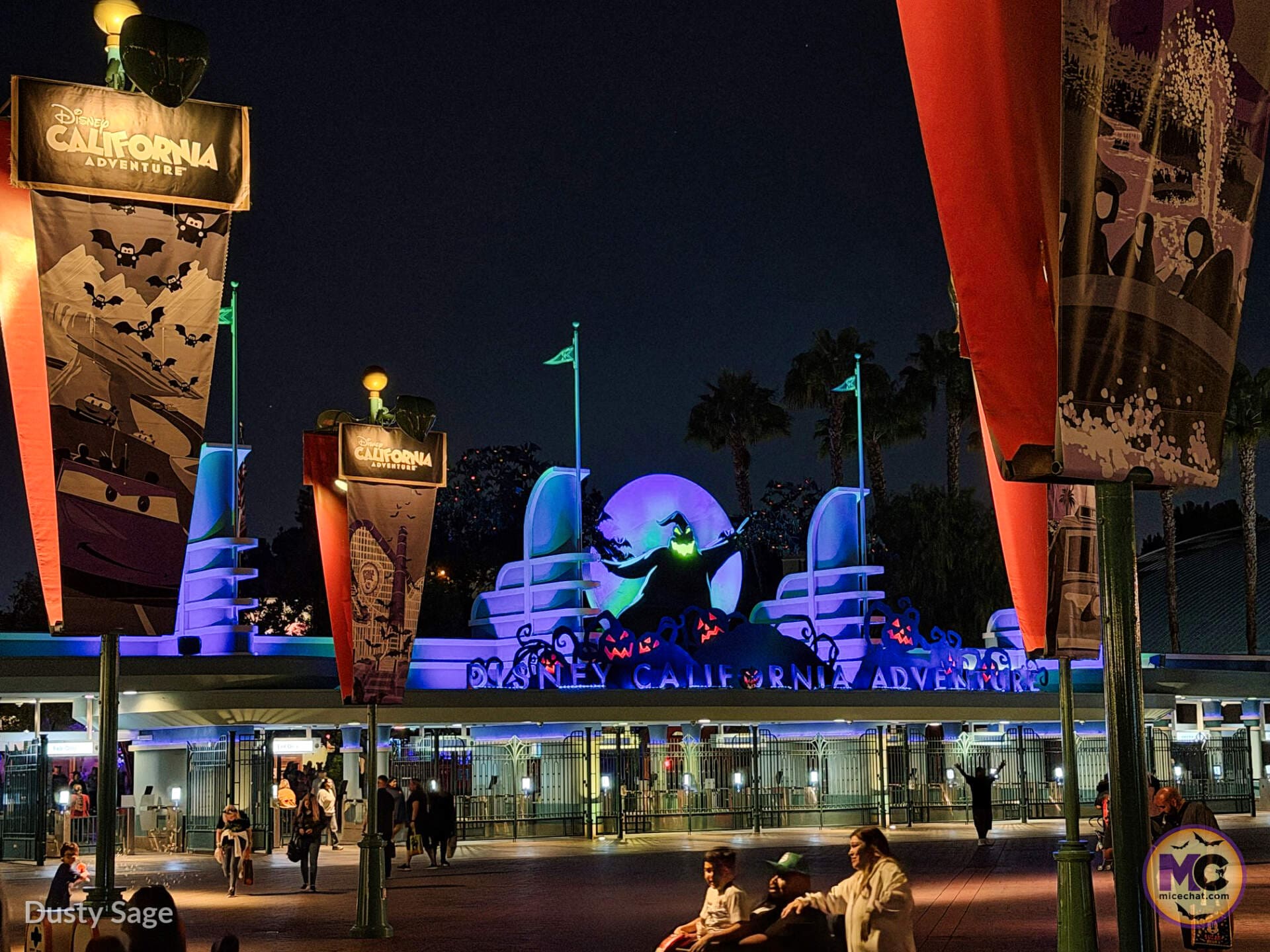 Disney California Adventure entrance at night during Halloween Time