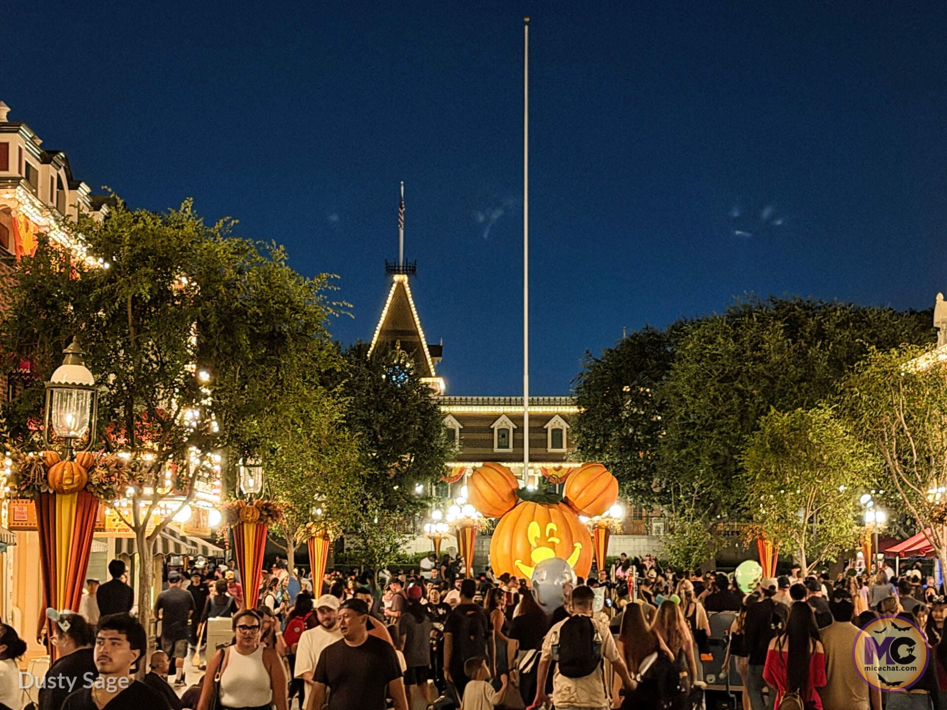 Mickey pumpkin on Main Street U.S.A. at night